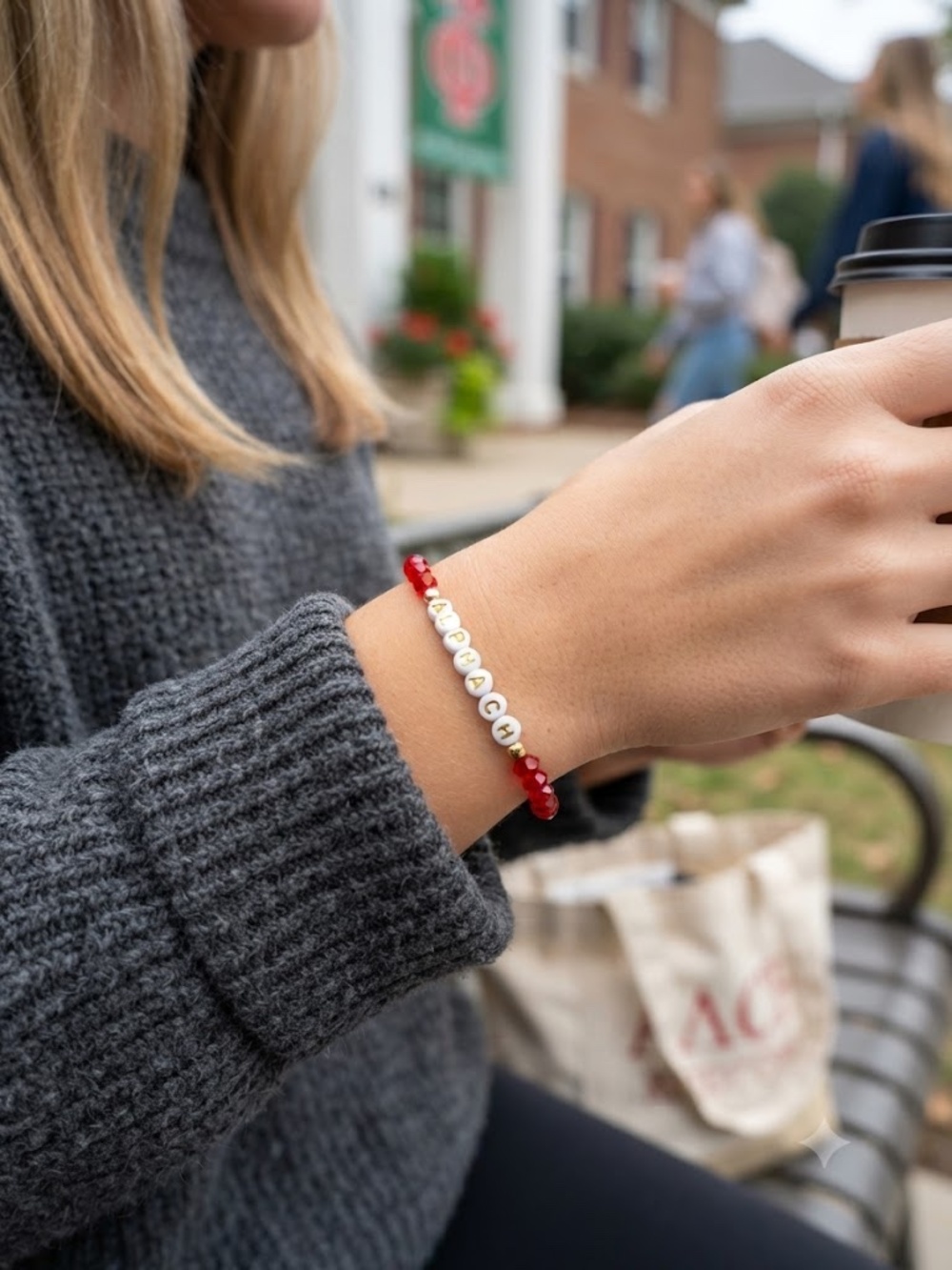 Alpha Chi Red Beaded Stretch Bracelet with Gold Accents